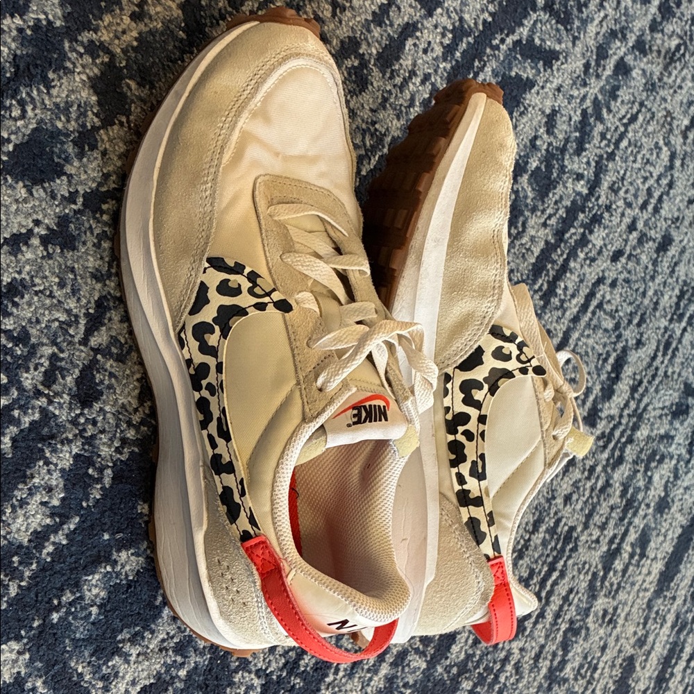 Nike Women's Cream Sneakers with Leopard Print and Coral Heel